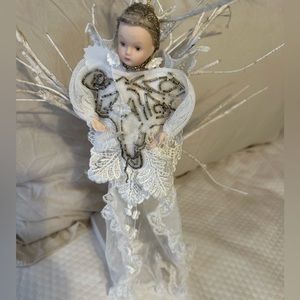 Vintage Victorian beaded Angel baby cherub cloth ornament flaw holiday decor